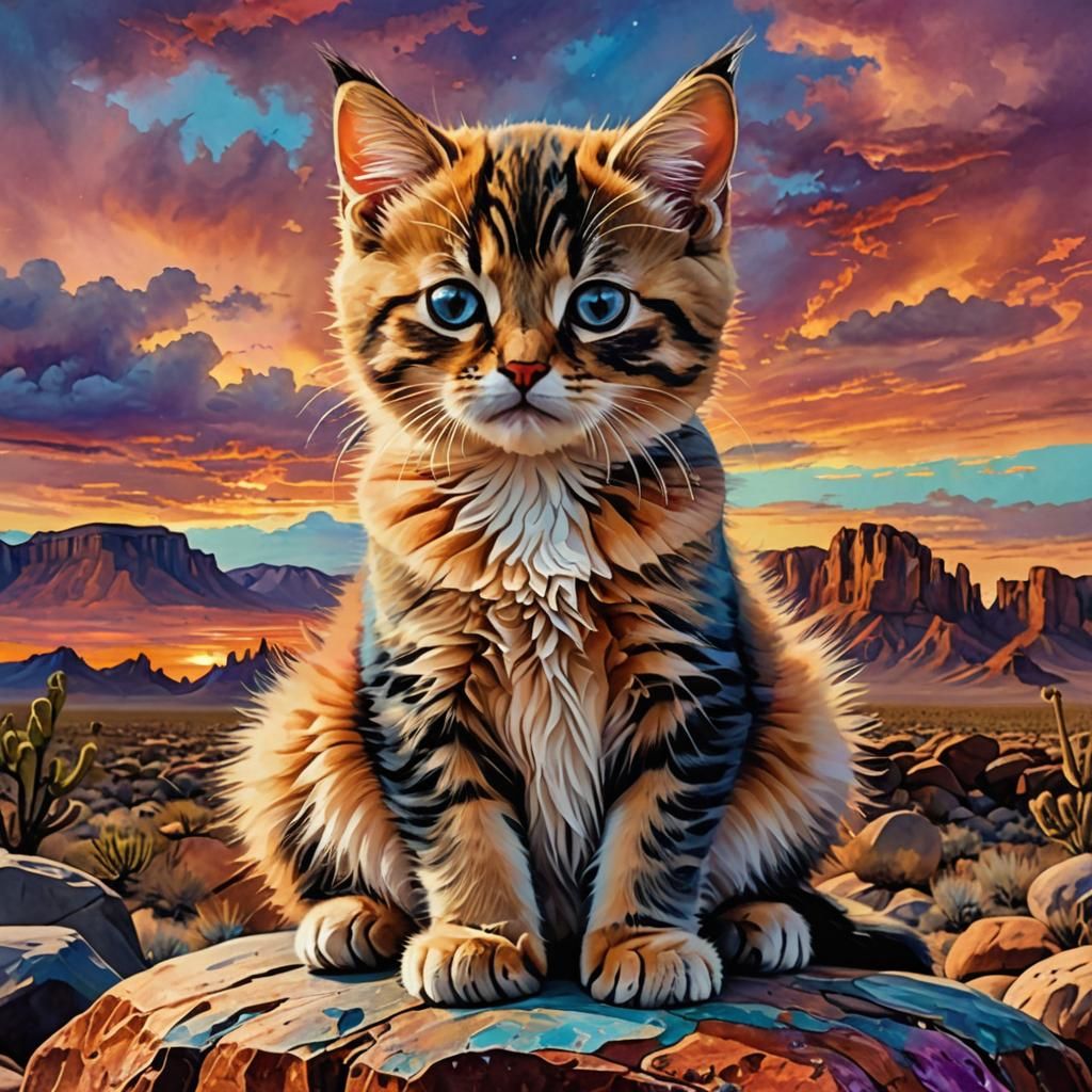 Grumpy Kitten at Desert Sunset in Mixed Media