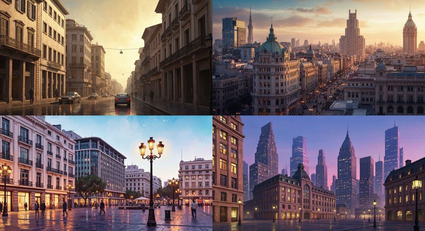 Belle Époque Cityscape with Futuristic Carlos Ott Buildings