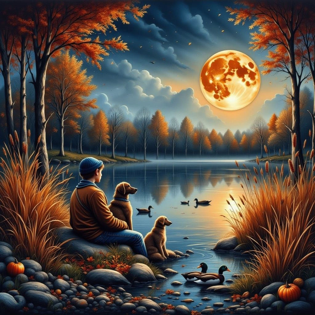 Boy and Dog by Autumn Lake in Vivid Colors