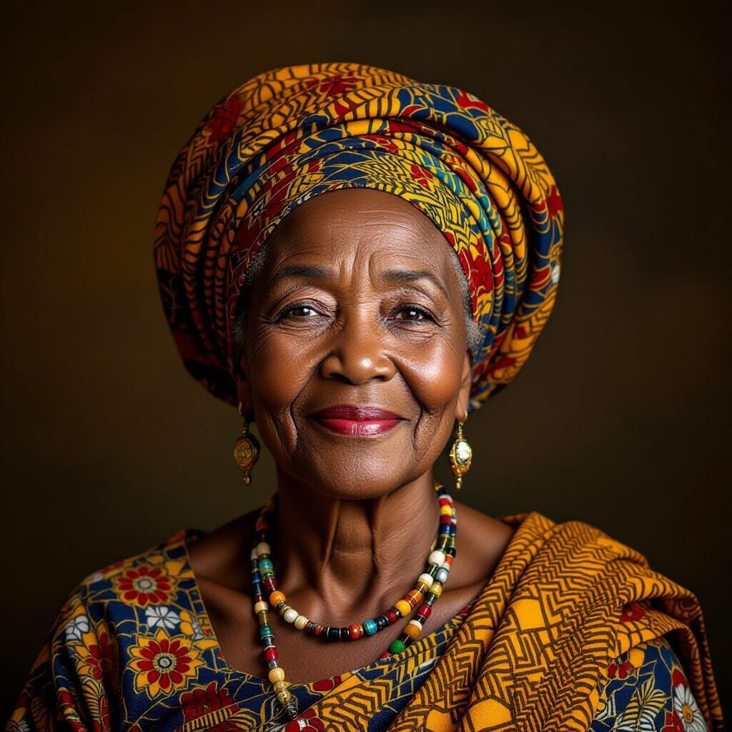 Elderly Woman Smiling Like Mona Lisa, African Art
