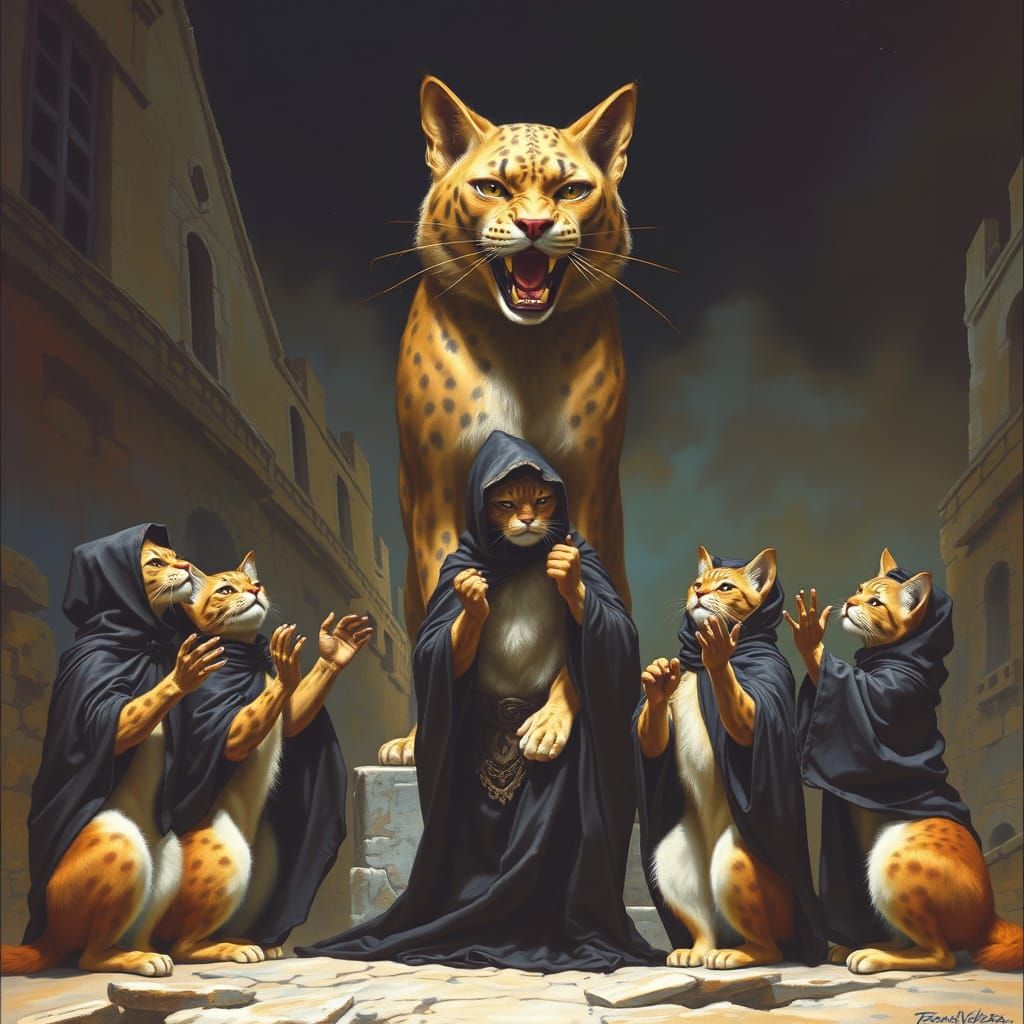 Mystical Feline Cult in Dark Robes Worshiping Majestic Felin...