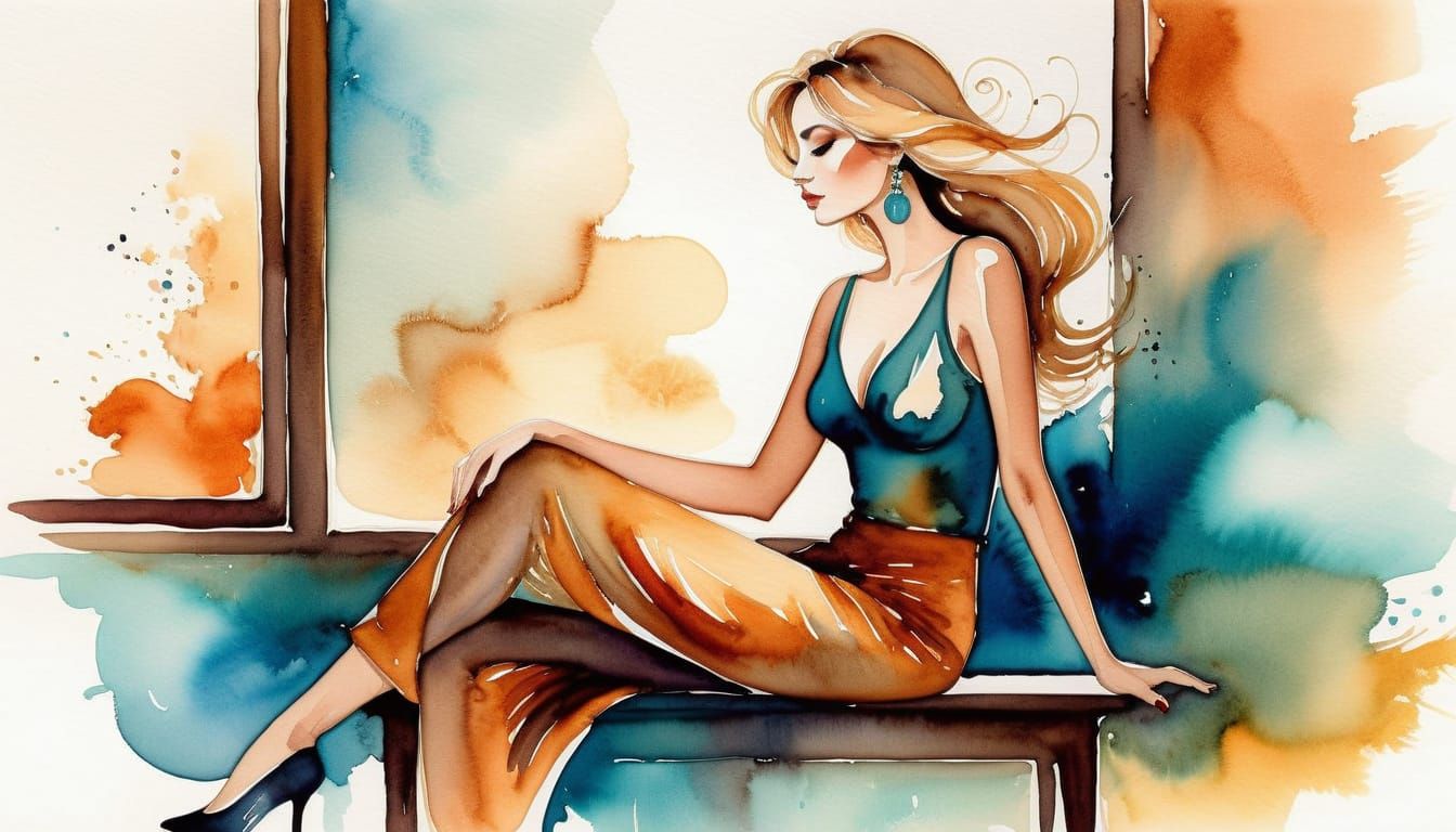 Whimsical Muse in Warm Watercolor and Ink