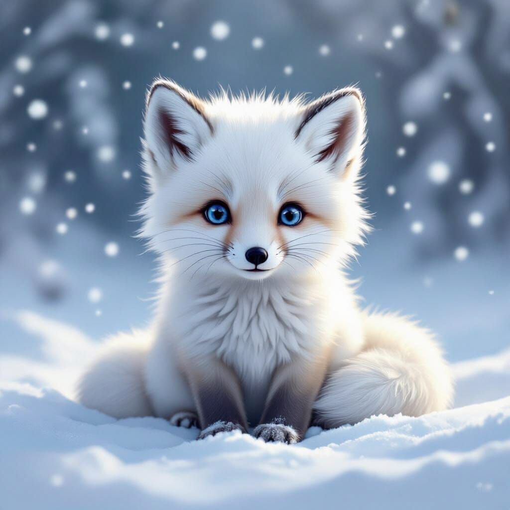 Adorable Arctic Fox Baby in Gentle Snowfall