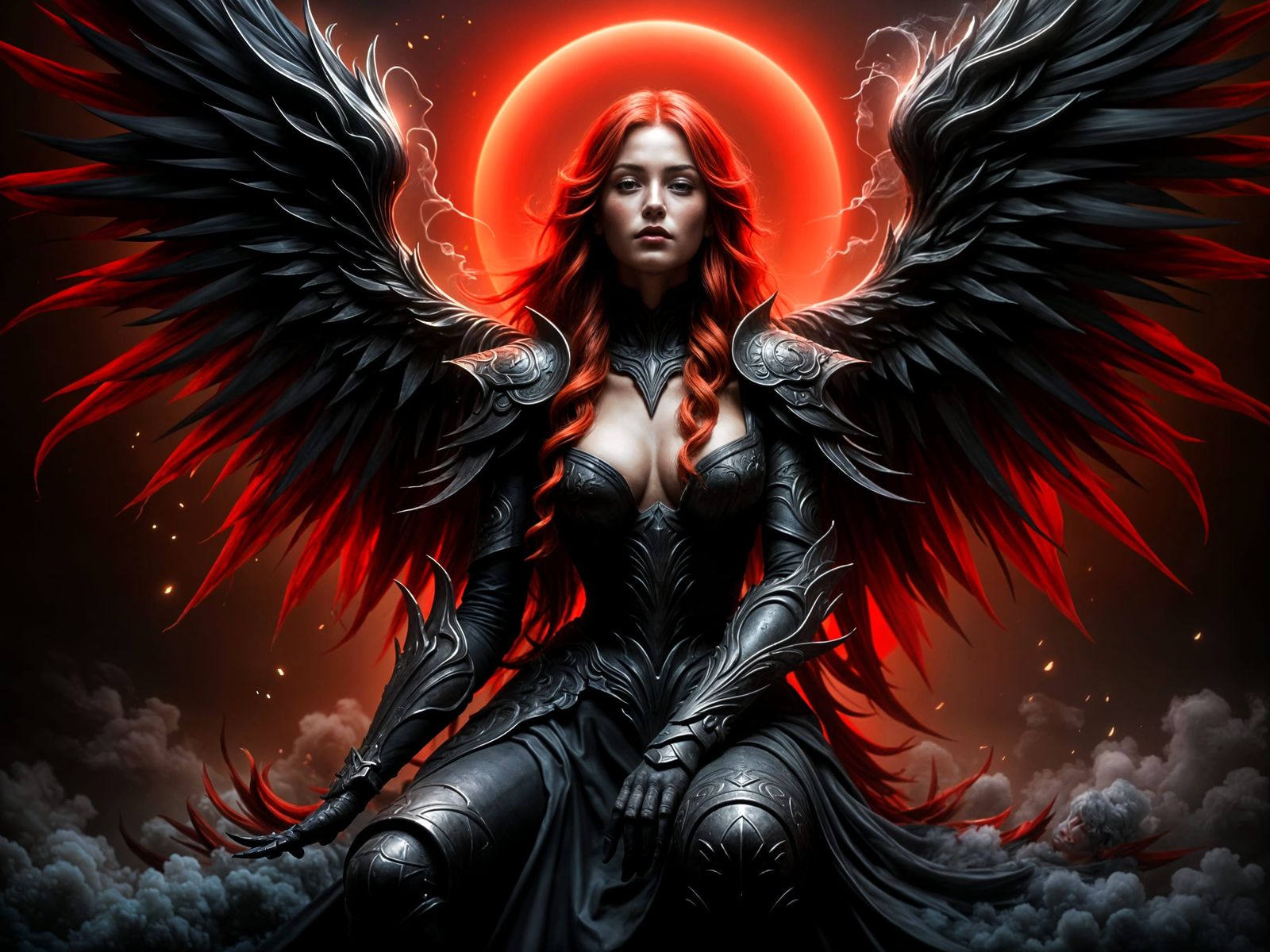 Warrior Angel with Red Wings in Dark Fantasy Style