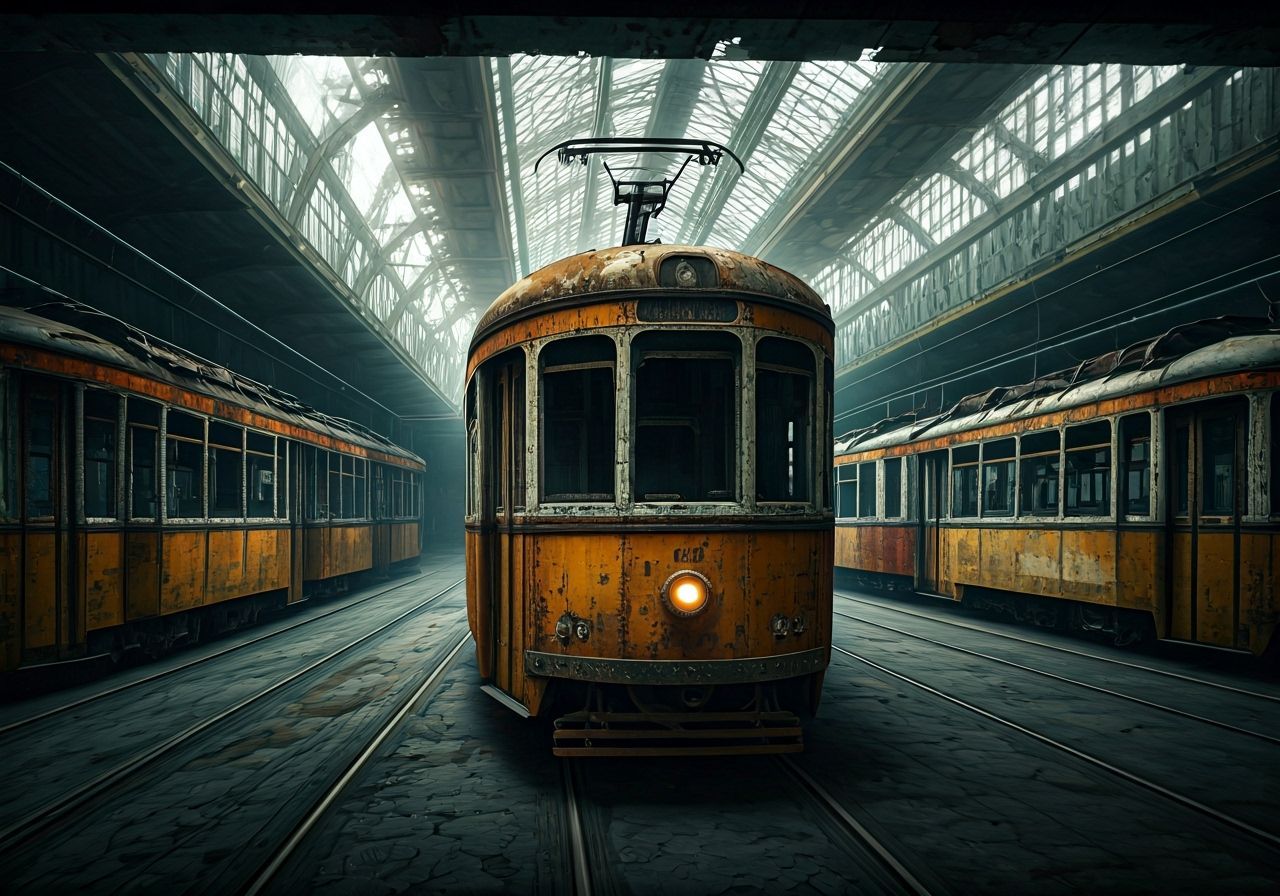 Abandoned Tram Depot with Ruined Trams