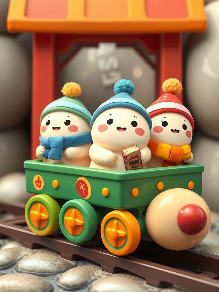Smiling Dumplings Ride a Sushi Train in Cartoon Style