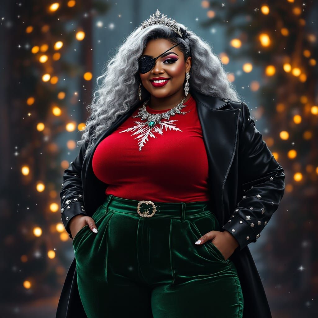 Obese curvy black woman with an eyepatch and tiara in Christmas outfit standing together
Handsome vampire man with long...