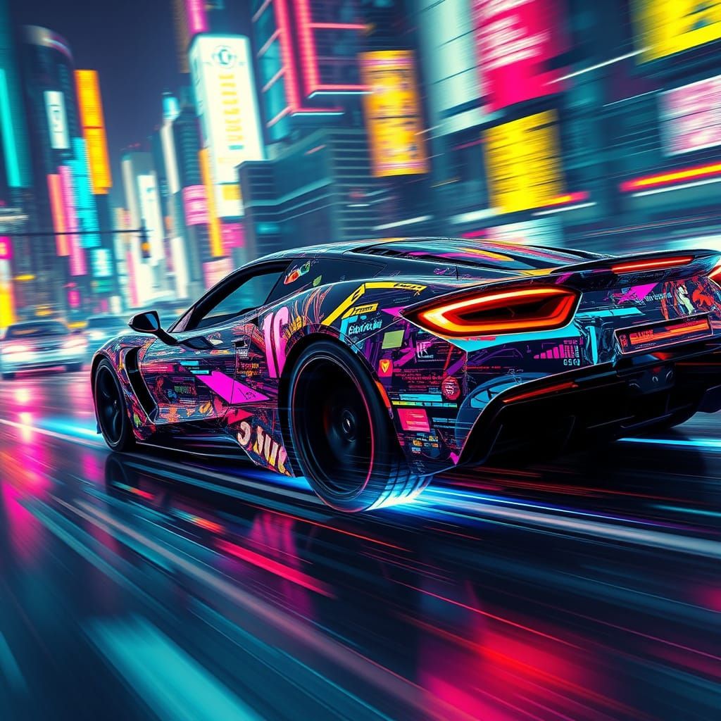 Cyberpunk Sports Car in Glitch Art Style