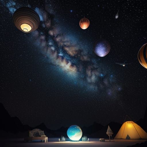 Surreal Galaxy Tent Interior: Vibrant Digital Art