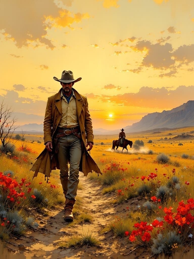 Cowboy Walks Farm at Sunrise in Western Style