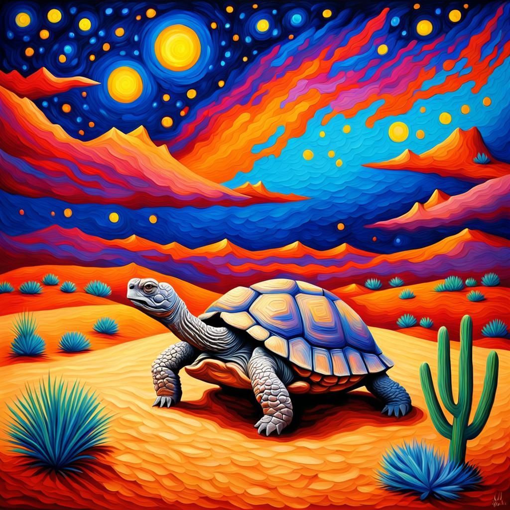 Desert Tortoise in Starry Desert, Impasto Oil Painting