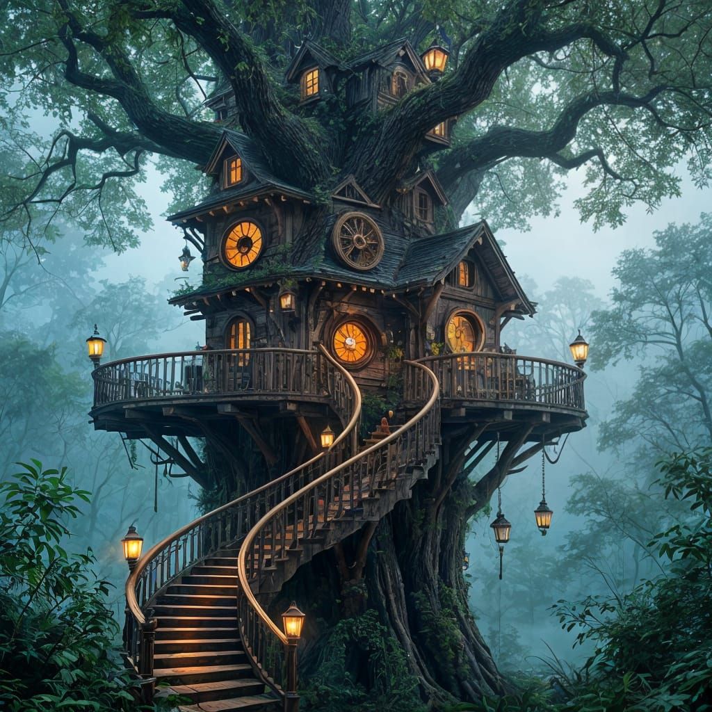 Ancient Steampunk Treehouse in Misty Forest Canopy