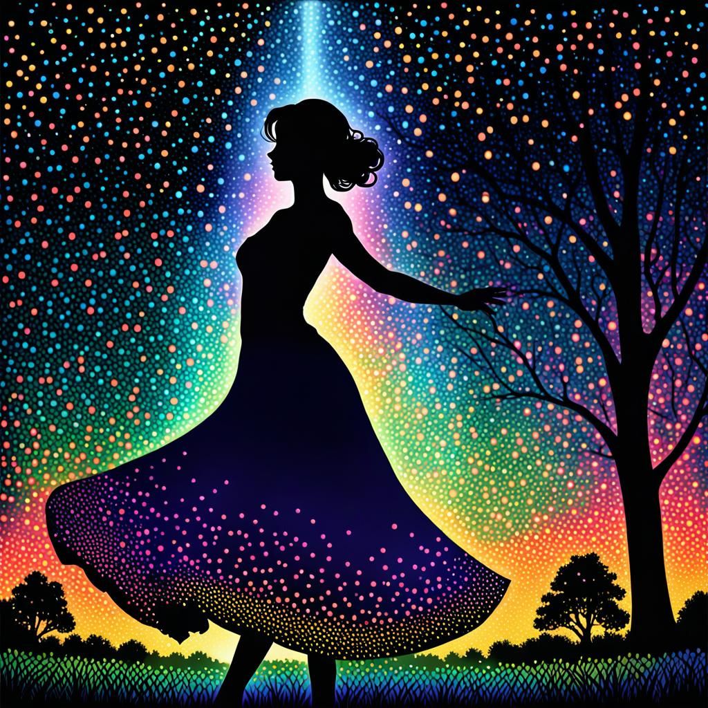 Woman Dancing in Moonlit Glade, Pointillism Style