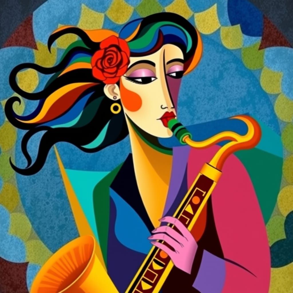 Woman Playing Saxophone in Cubist Style