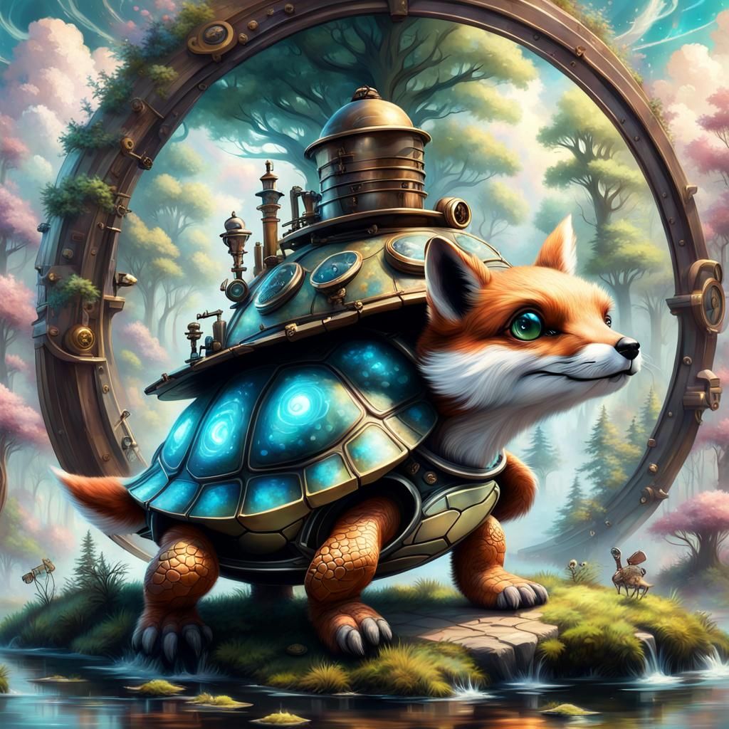Steampunk Turtle Fox in Enchanted Forest