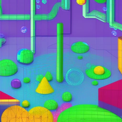 Nostalgic 90's CGI Landscape with Crystals and Bubbles