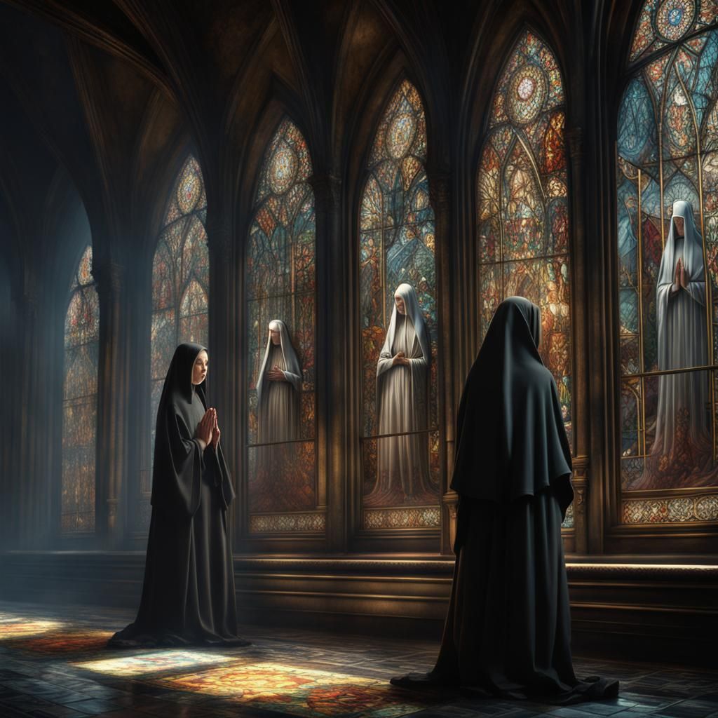 Praying Nuns Before Stained Glass Windows