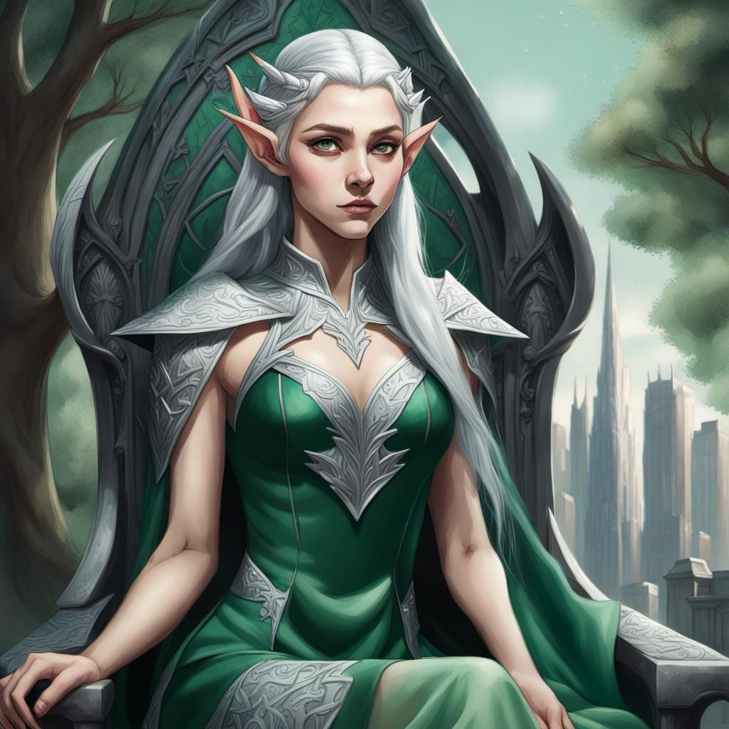 Elegant Elf Queen on Throne: Hyper-Realistic Concept Art