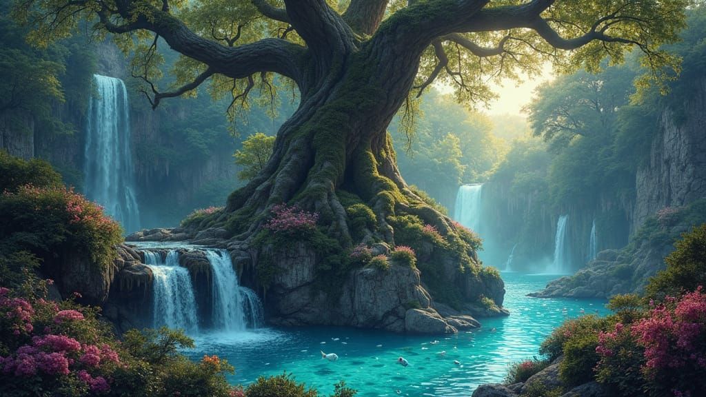 Ancient Tree Oasis in Vibrant Fantasy Style