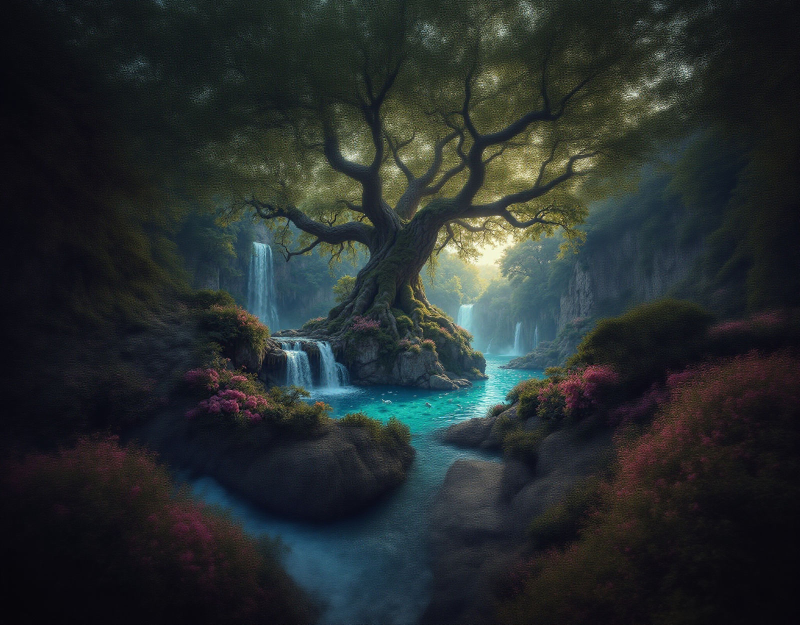 Ancient Tree Oasis in Vibrant Cosmic Fantasy