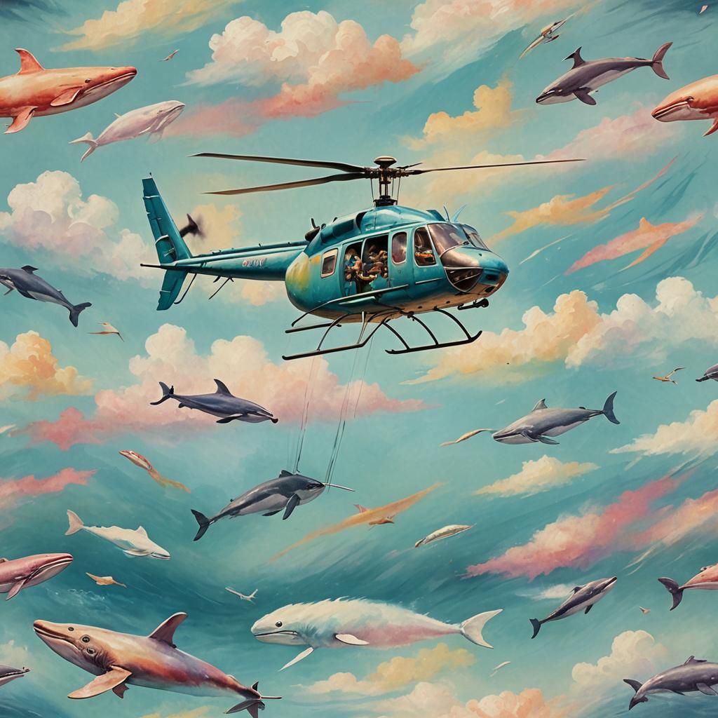 Helicopter and Whale in Dreamy Painterly Style