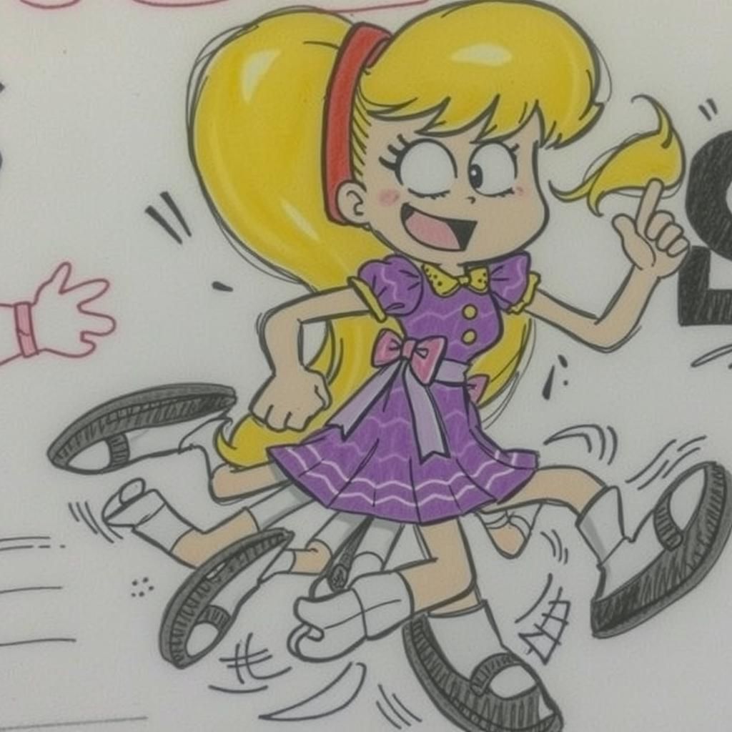 Anime Girl Sprinting with Blonde Hair and Purple Dress