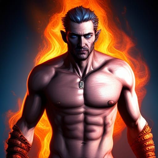 Man with Demon Shadow in Blue Flames