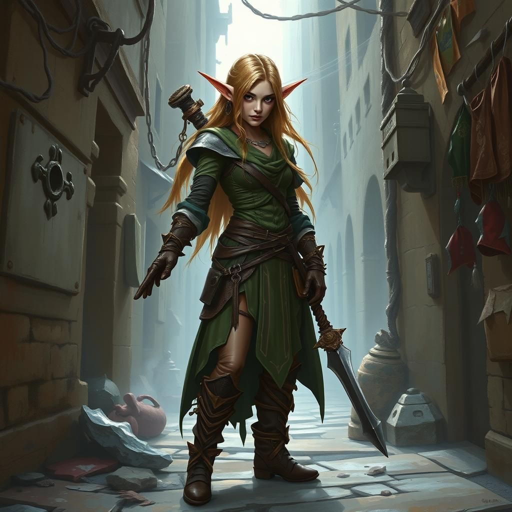Elven Rogue in Medieval City Back Alley