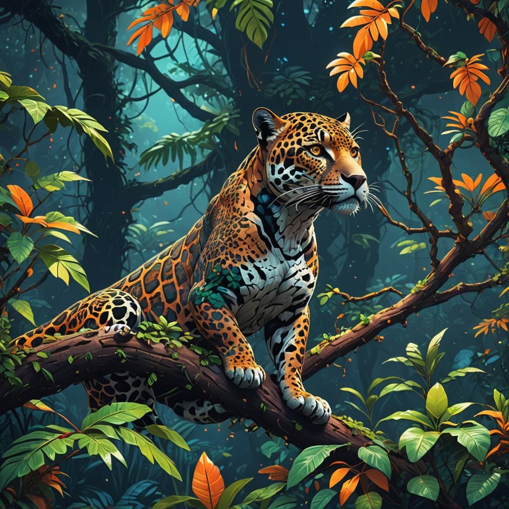 Pixel Art Jaguar in Retro-Futuristic Jungle