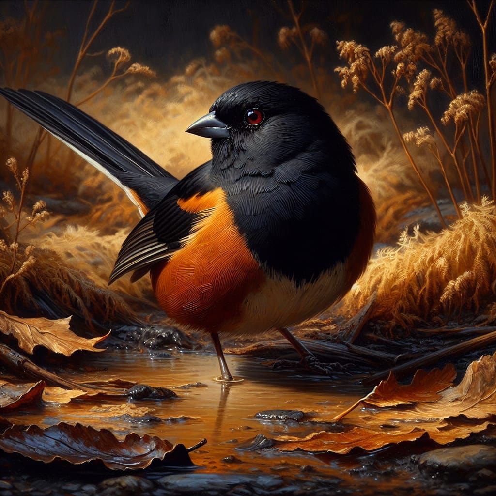 Oil Painting of Towhee in Water Puddle with Golden Light