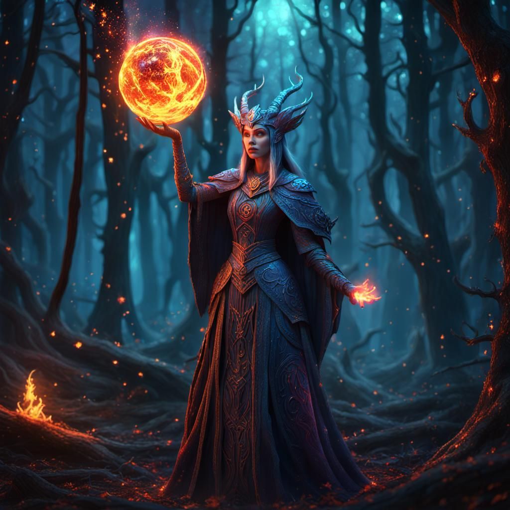 Sorceress With Blazing Sphere in Mystical Forest