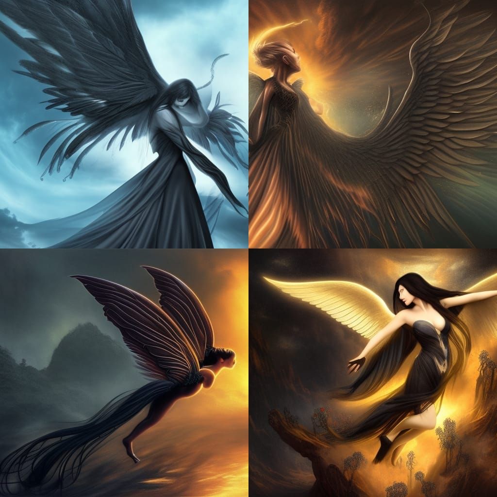 Beautiful Dark Angel with Wings: Detailed Digital Painting