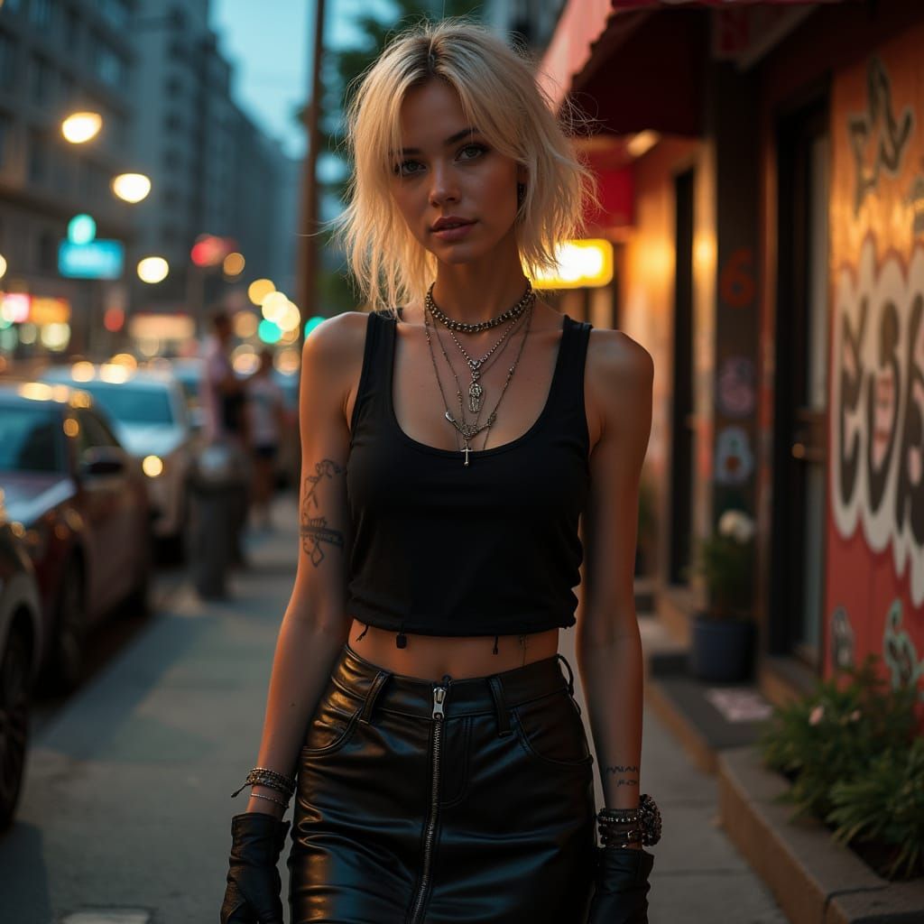 Punk Style Blonde Woman Outside Club in Hyperrealistic Photo