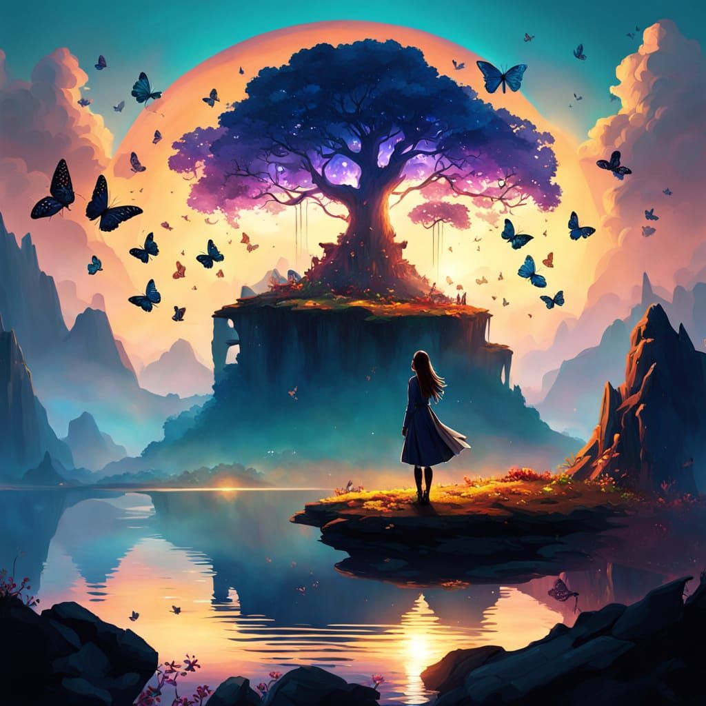 Anime Girl on Floating Island in Surreal Oil Painting