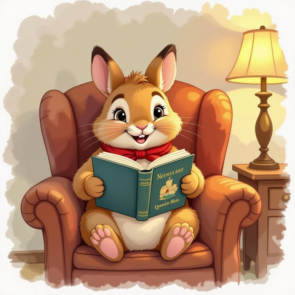 Laughing Bunny Reading in Leather Armchair