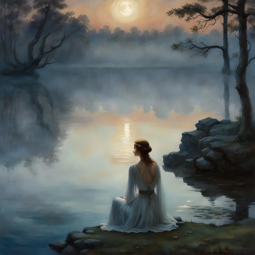 Mystical Moonlit Lake: Ethereal Watercolor Fantasy Art