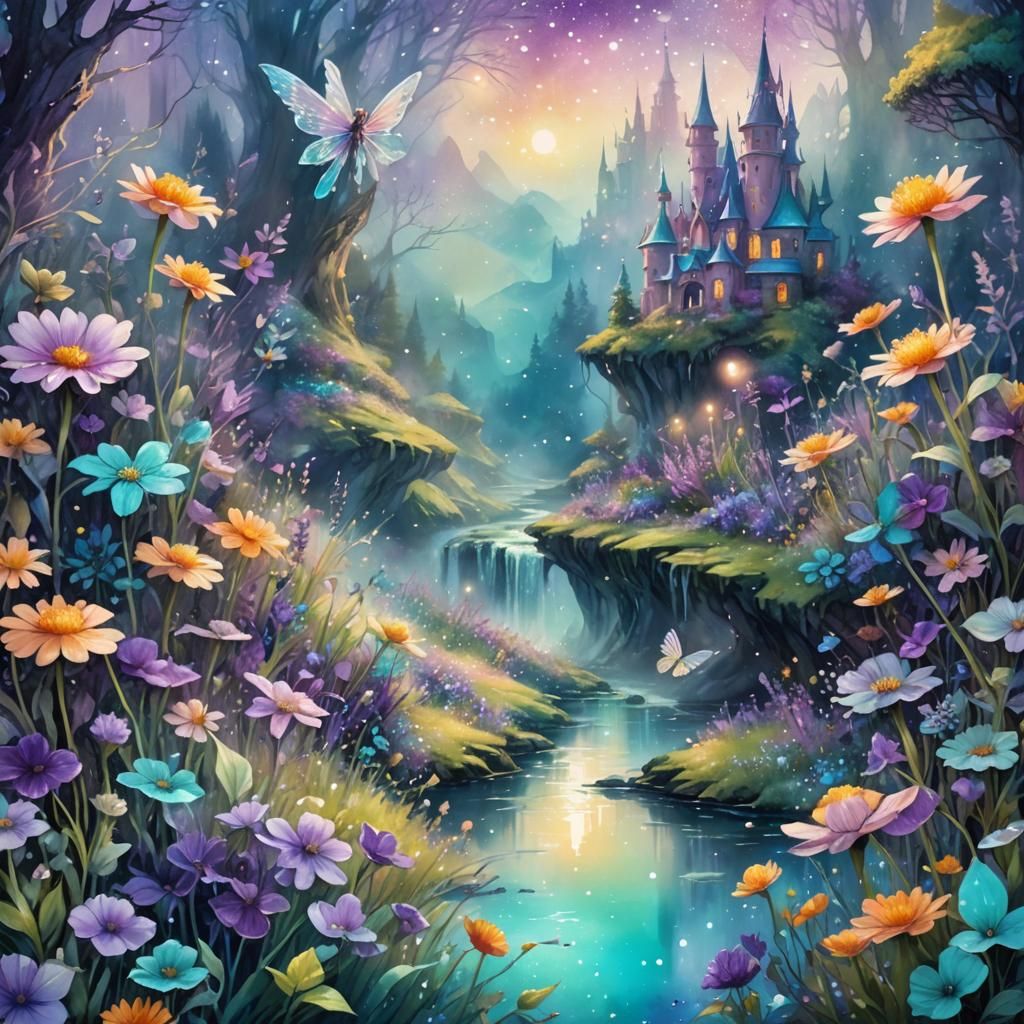 Vibrant Fairy Kingdom with Iridescent Flowers