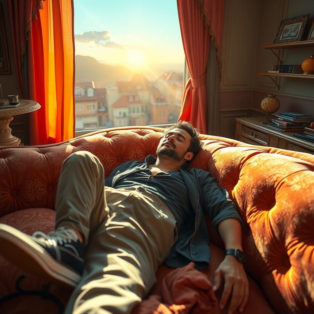 Man Awakens on Sofa in Surrealist Style