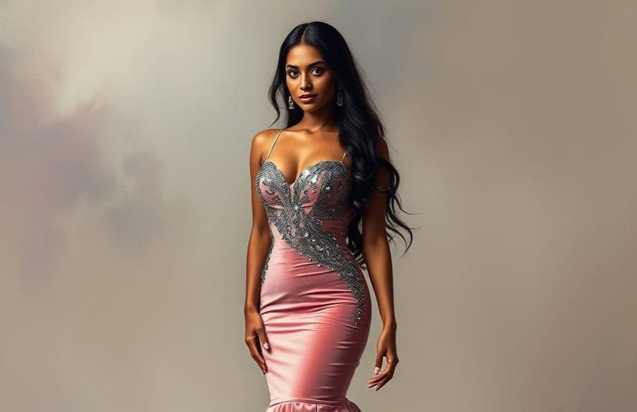 Dusty rose velvet gown with steel grey sequins wrapped around the bodice.