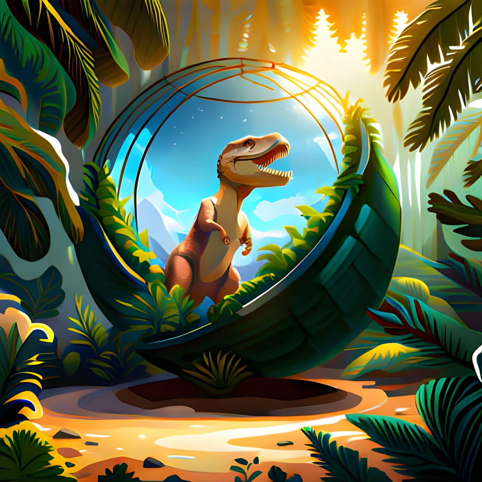 Dinosaur in a Metal Sphere: 8K Concept Art