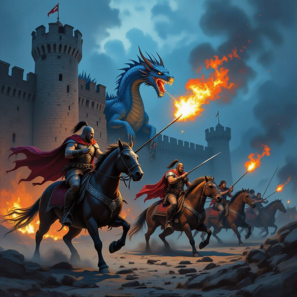 Fort Jefferson Under Siege by Blue Dragons in Dark Fantasy S...