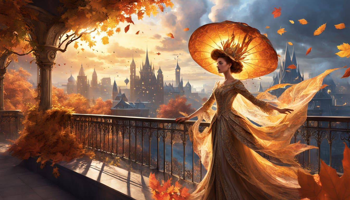 Whimsical Queen with Autumn Leaf Hat in Fantasy City