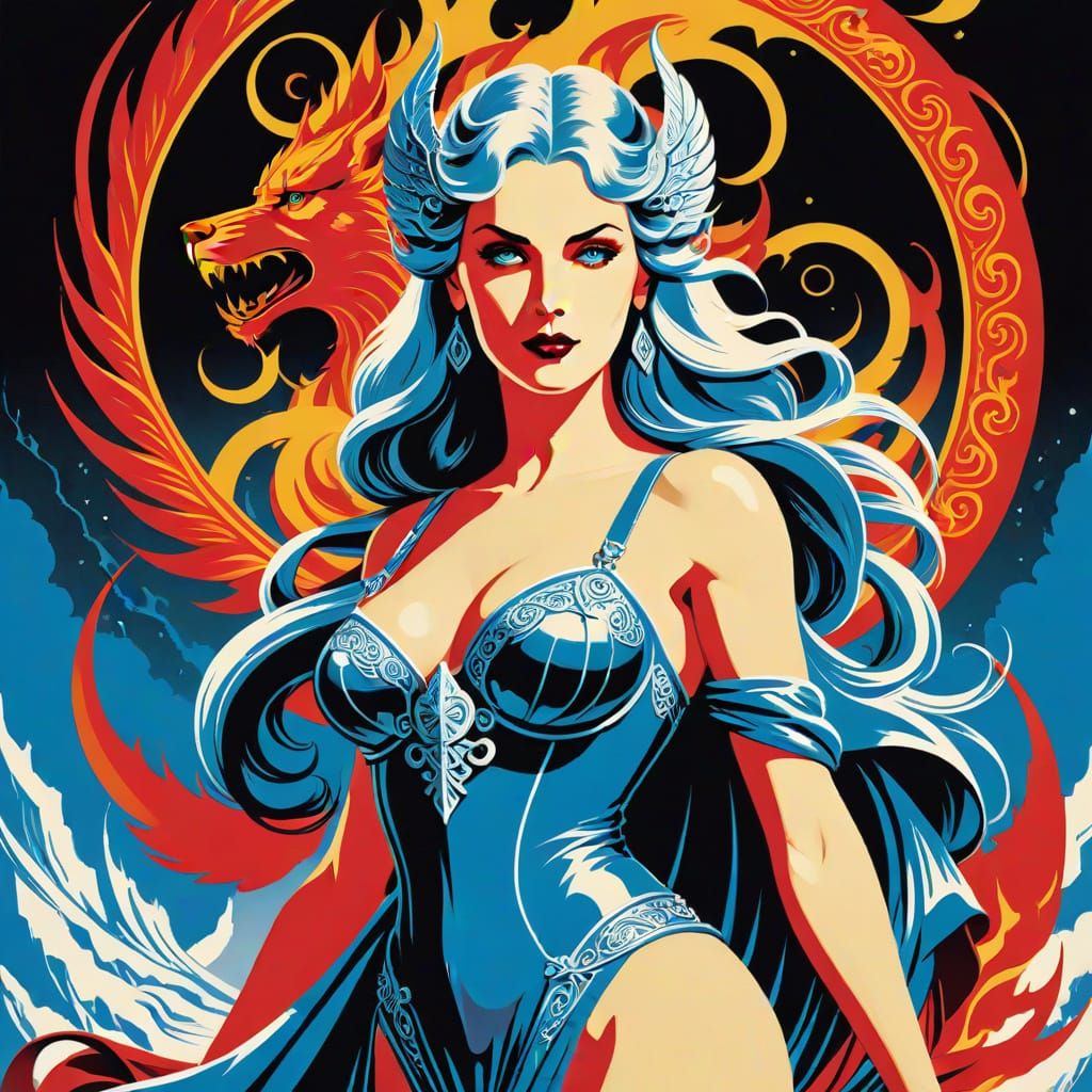 Ice and Fire Goddess in Vintage Serigraphy Style