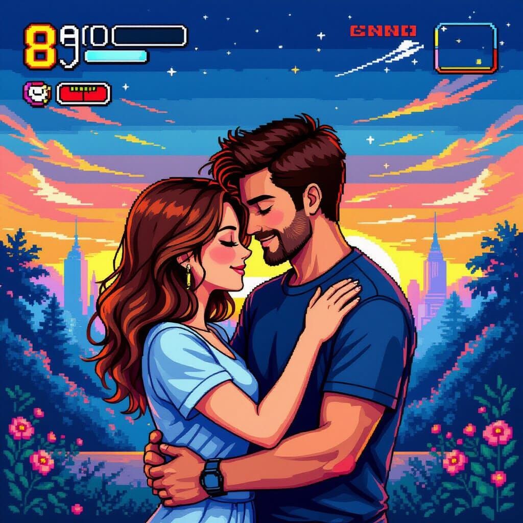 Couple Embracing in Vibrant 8-Bit Pixel Art