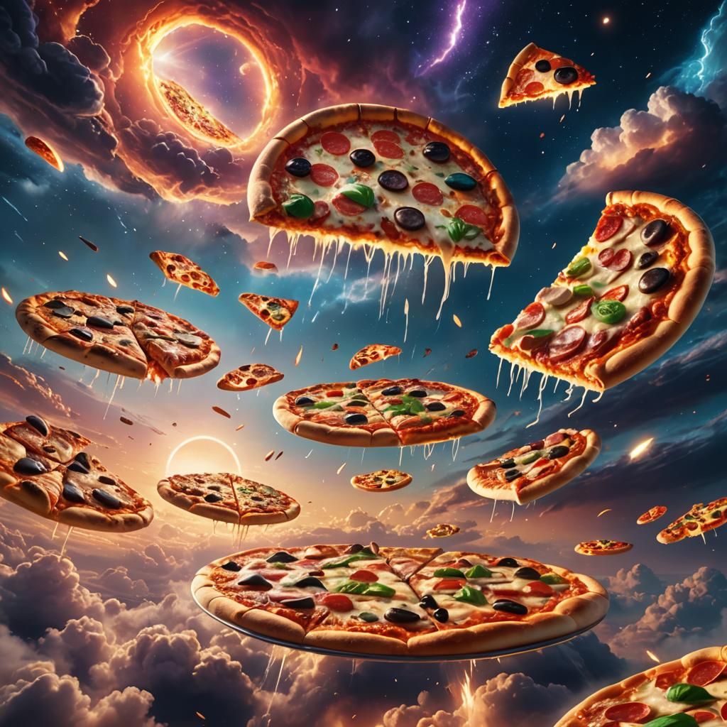 Pizzas Soaring Through Mystical Dreamlike Sky