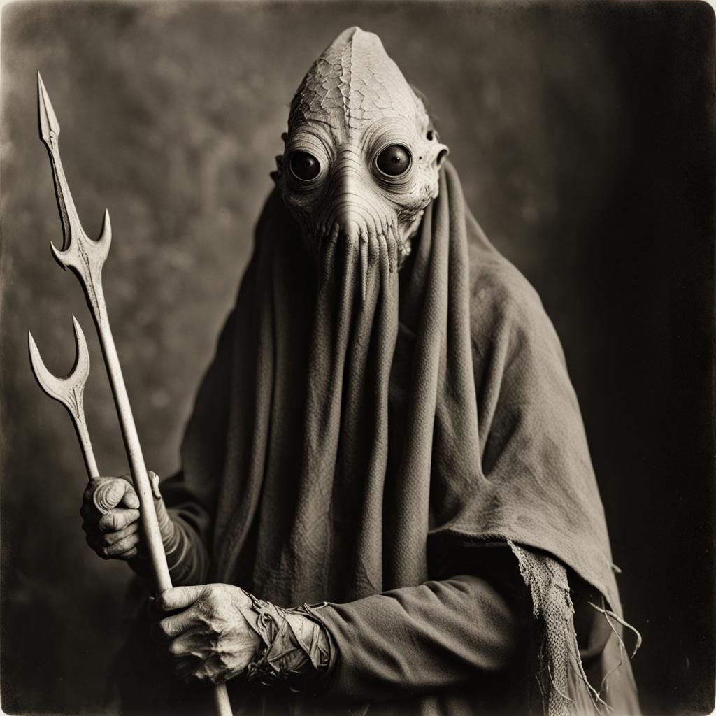 Monochrome Portrait of Dagon Worshipper Near Innsmouth