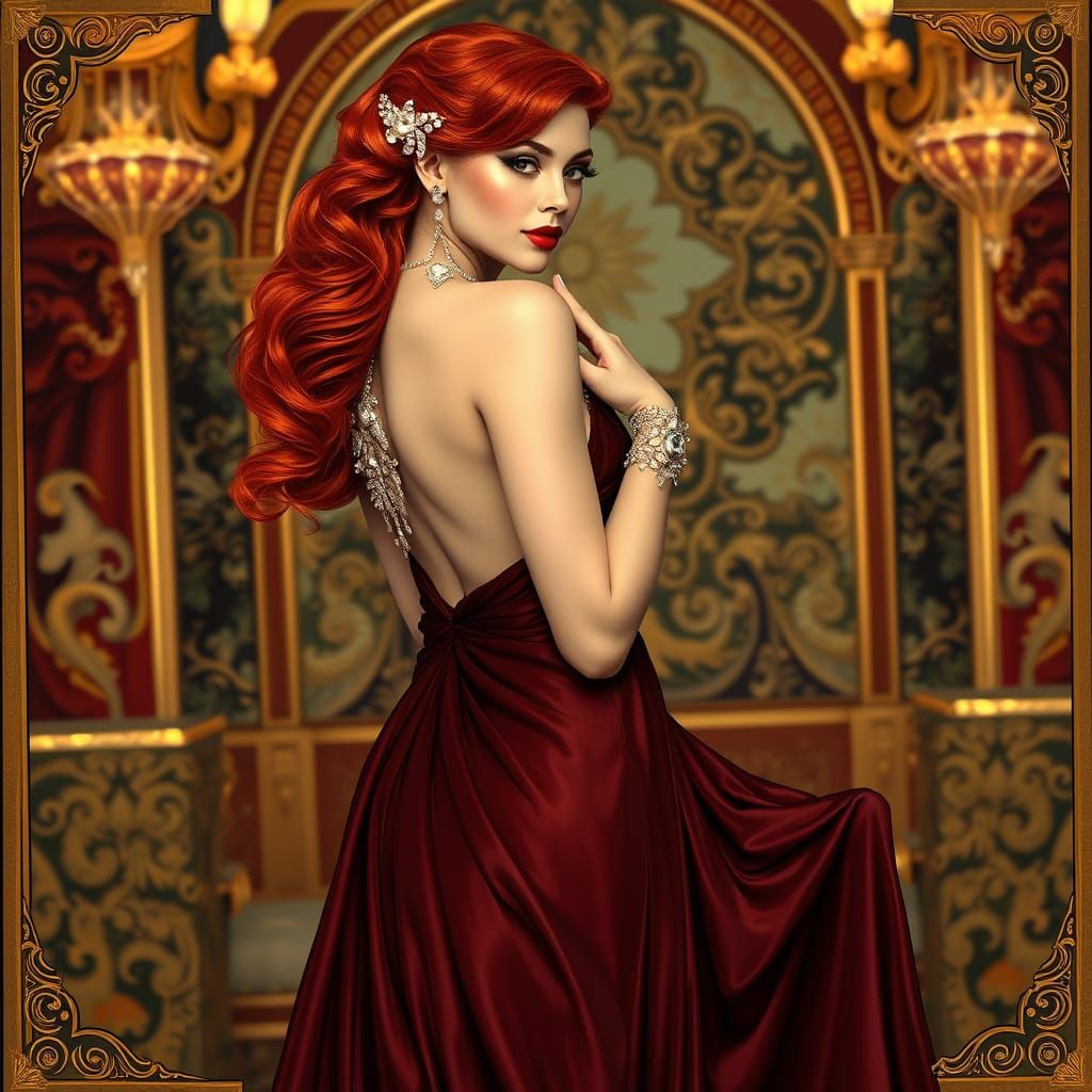 Red Haired Beauty in Art Nouveau Style Evening Gown
