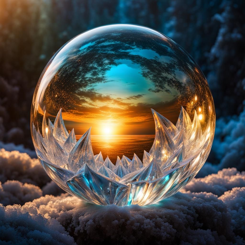 Luminous Ice Glass Sphere in Dreamlike Fantasy