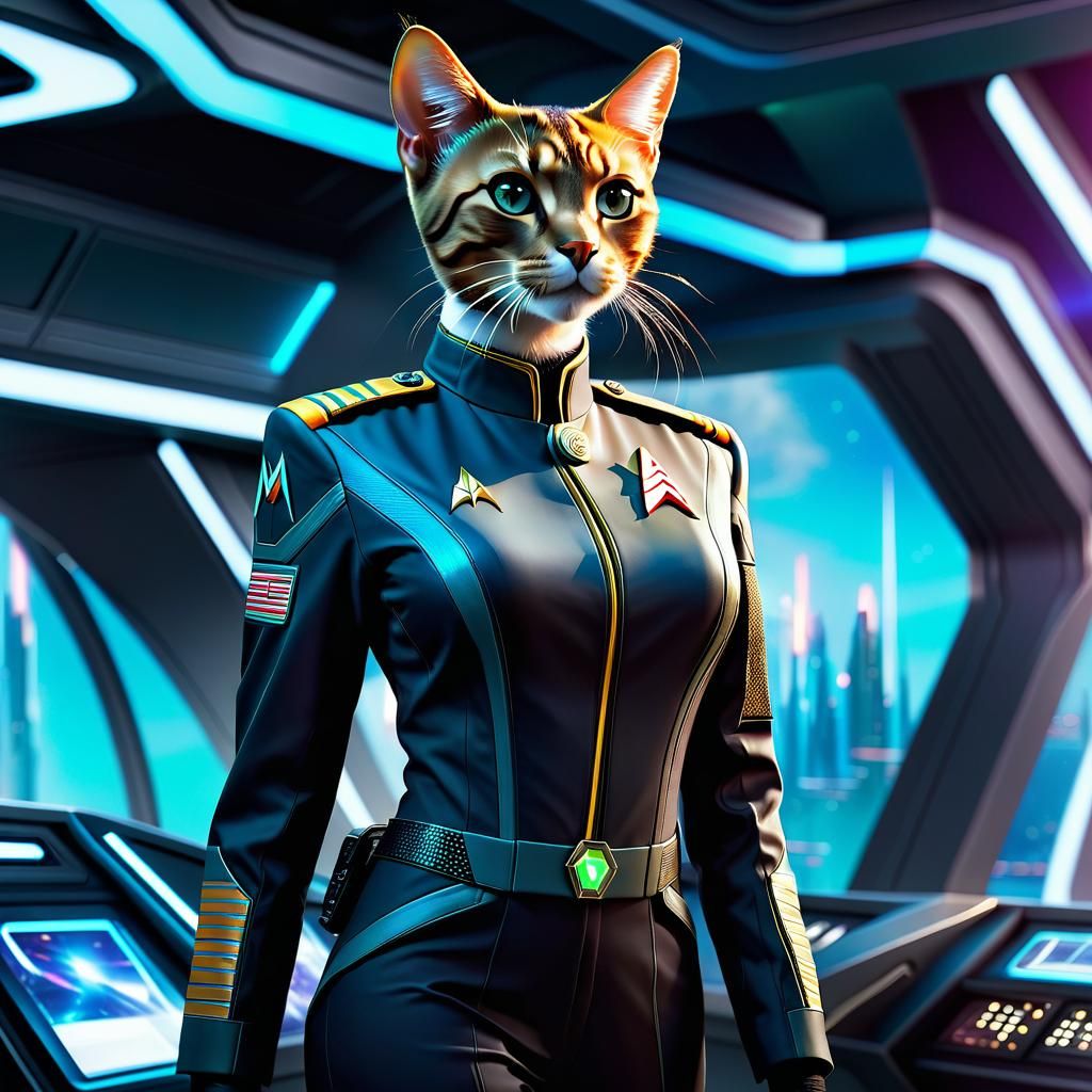 Lieutenant M'Ress on a Futuristic Bridge in Hyper-Realism