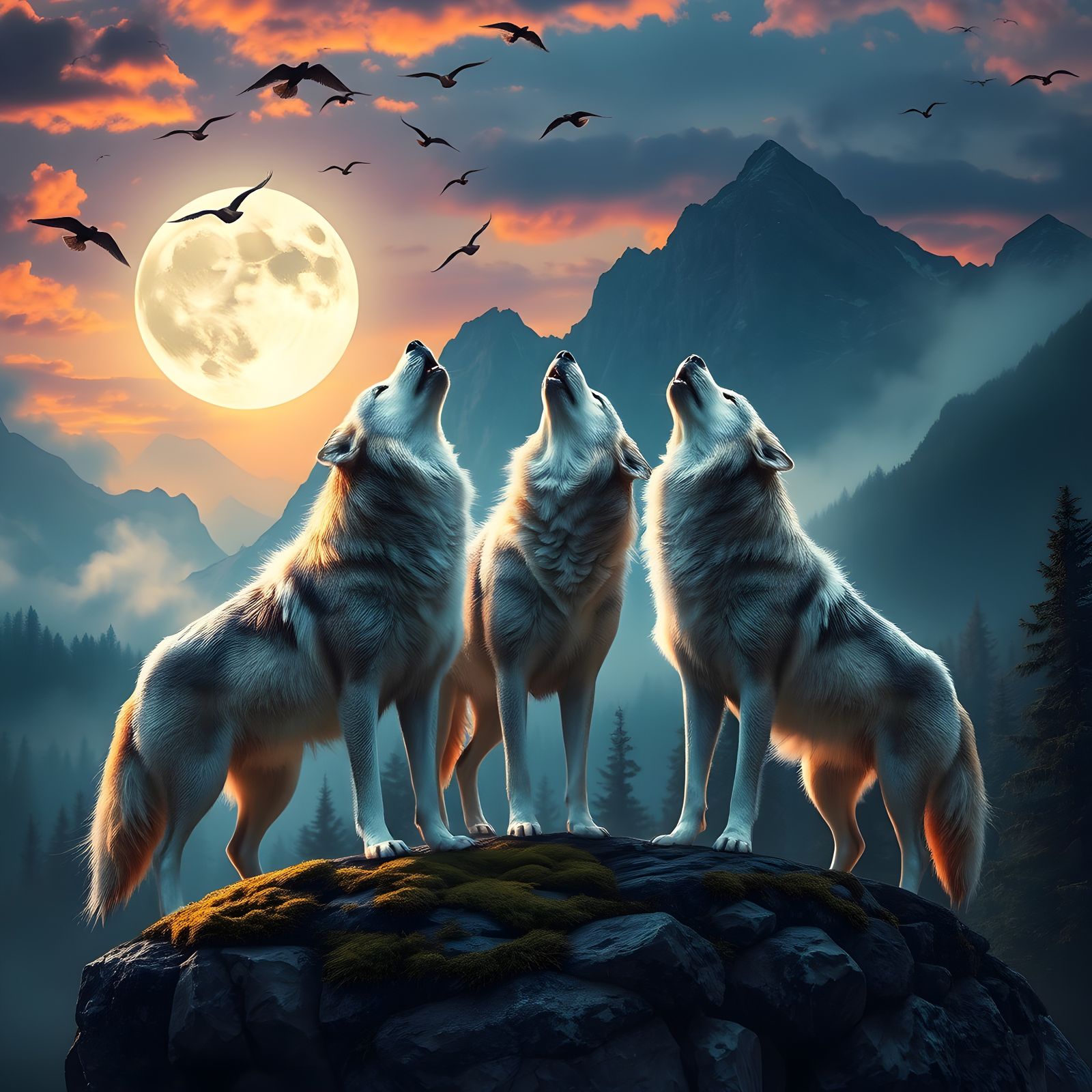 Wolves Howling at Moon in Misty Forest